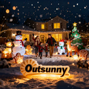 Family in a snowy garden with the Outsunny sign and other Christmas inflatables
