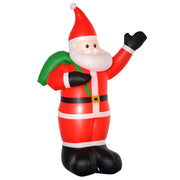 Red 8ft inflatable Santa waving with a green sack on his back, white studio shot