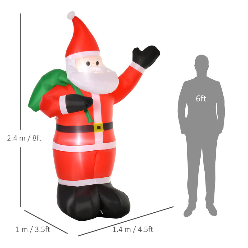 Dimensions diagram of the Santa: 240 cm high, 140 cm wide and 100 cm deep, beside a 6ft figure