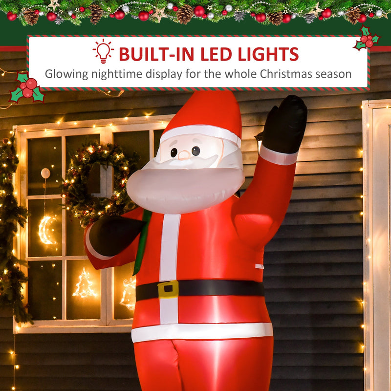 Close-up of the Santa lit face with a built-in LED lights panel in front of a house with string lights