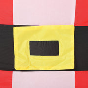 Close-up of the Santa's black belt with yellow buckle on red and white suit fabric
