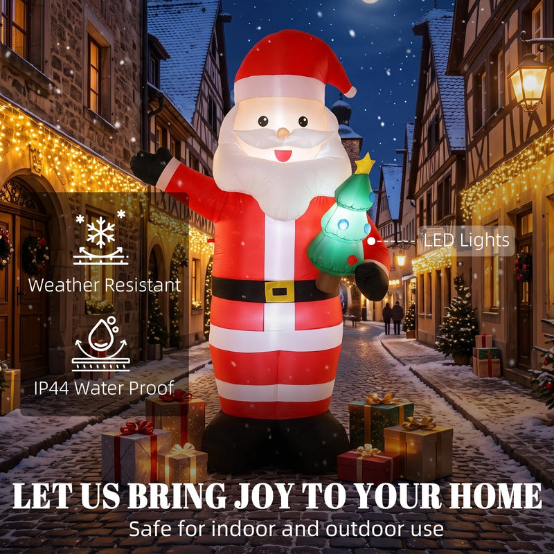 Santa lit up on a snowy street with weather-resistant and IP44 waterproof callouts