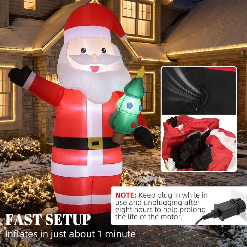 Fast setup panel showing Santa inflating in about 1 minute, with a fabric close-up and a plug-in note