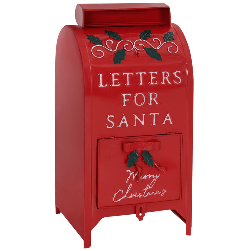 Red metal Christmas postbox with Letters for Santa lettering on a plain white background