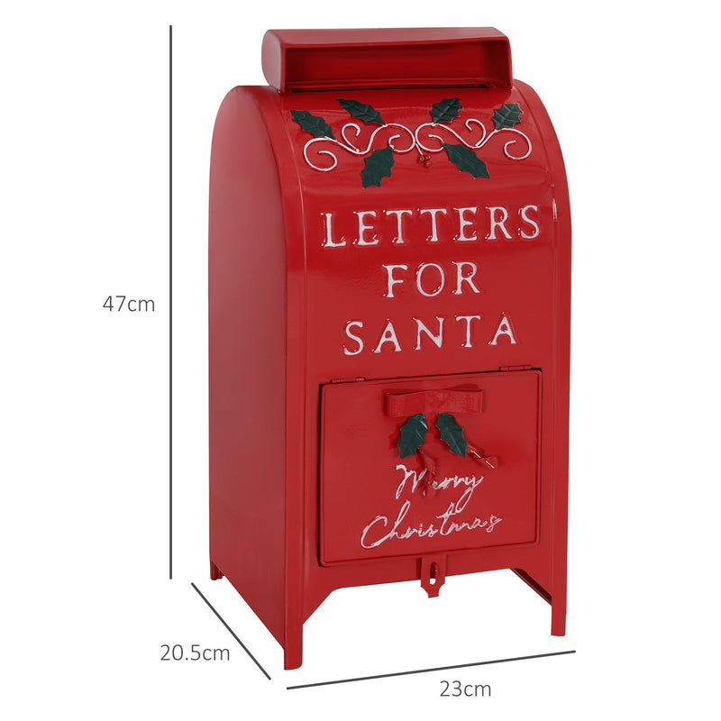 Red Christmas postbox with dimensions diagram showing 47cm high, 23cm wide and 20.5cm deep