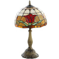 Red tulip stained glass table lamp with an antique-effect base on a white background