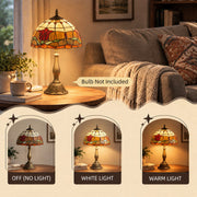 Lamp on a side table with off, white light and warm light examples and a bulb not included note
