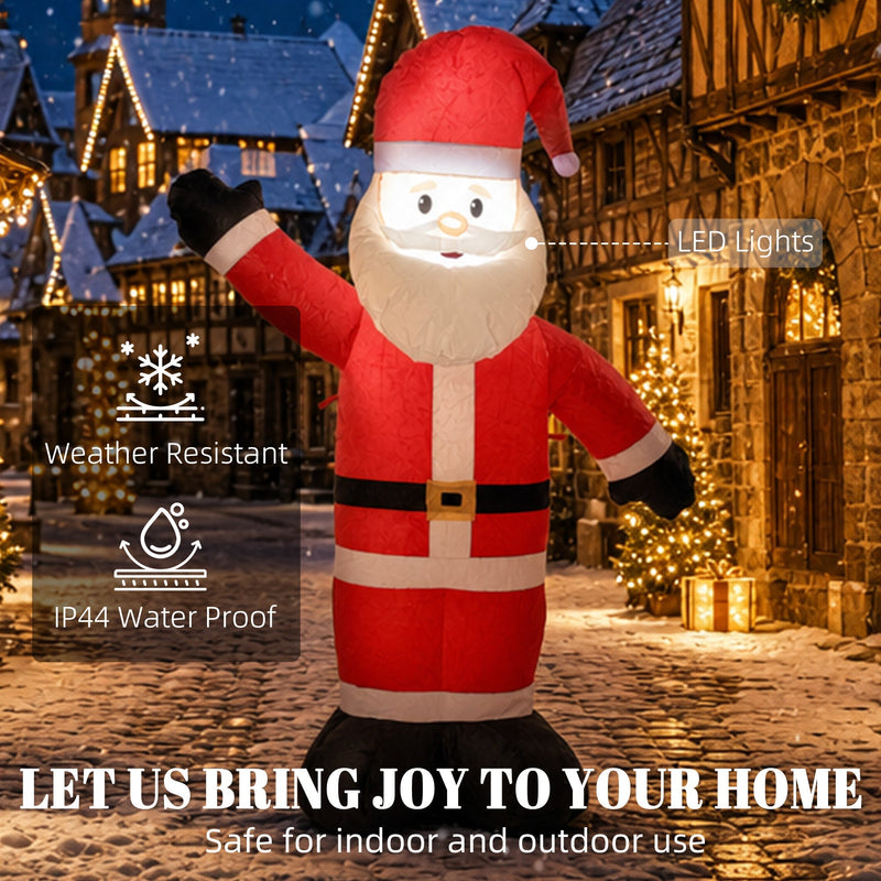 Inflatable Santa glowing in a snowy street with weather-resistant and IP44 waterproof callouts
