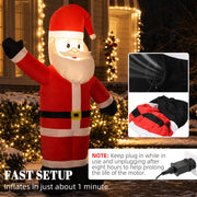Fast setup panel showing Santa inflating in about 1 minute, with a fabric close-up and a plug-in note