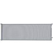 Grey retractable mesh dog gate fully extended on a white background