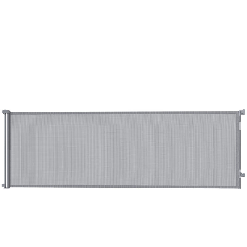 Grey retractable mesh dog gate fully extended on a white background