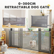 Grey retractable dog gate fitted across a hallway, a stairway and a patio doorway