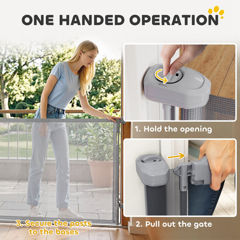 Woman opening the grey dog gate with one hand using the release button