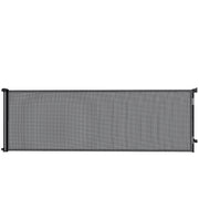 Black retractable mesh dog gate fully extended on a white background