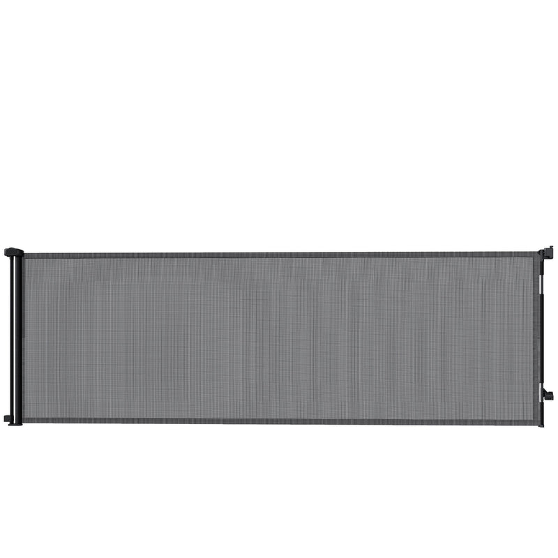 Black retractable mesh dog gate fully extended on a white background
