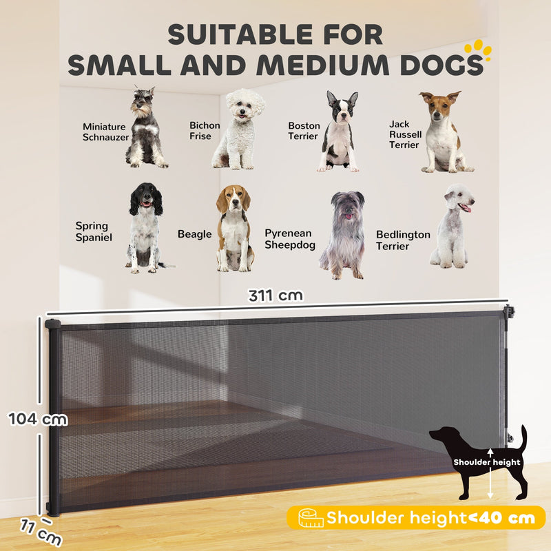 Dimensions diagram showing 311 cm length, 104 cm height and 11 cm depth with suitable dog breeds