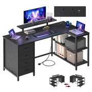 Vasagle reversible L shaped desk in ebony black with monitor stand, four drawers and open return shelving