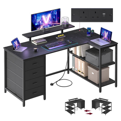 Vasagle reversible L shaped desk in ebony black with monitor stand, four drawers and open return shelving