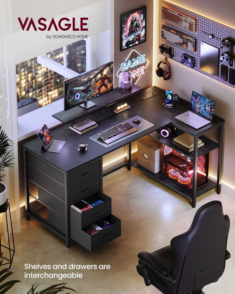 Ebony black L shaped desk styled as a home gaming and office workstation with LED accent lighting