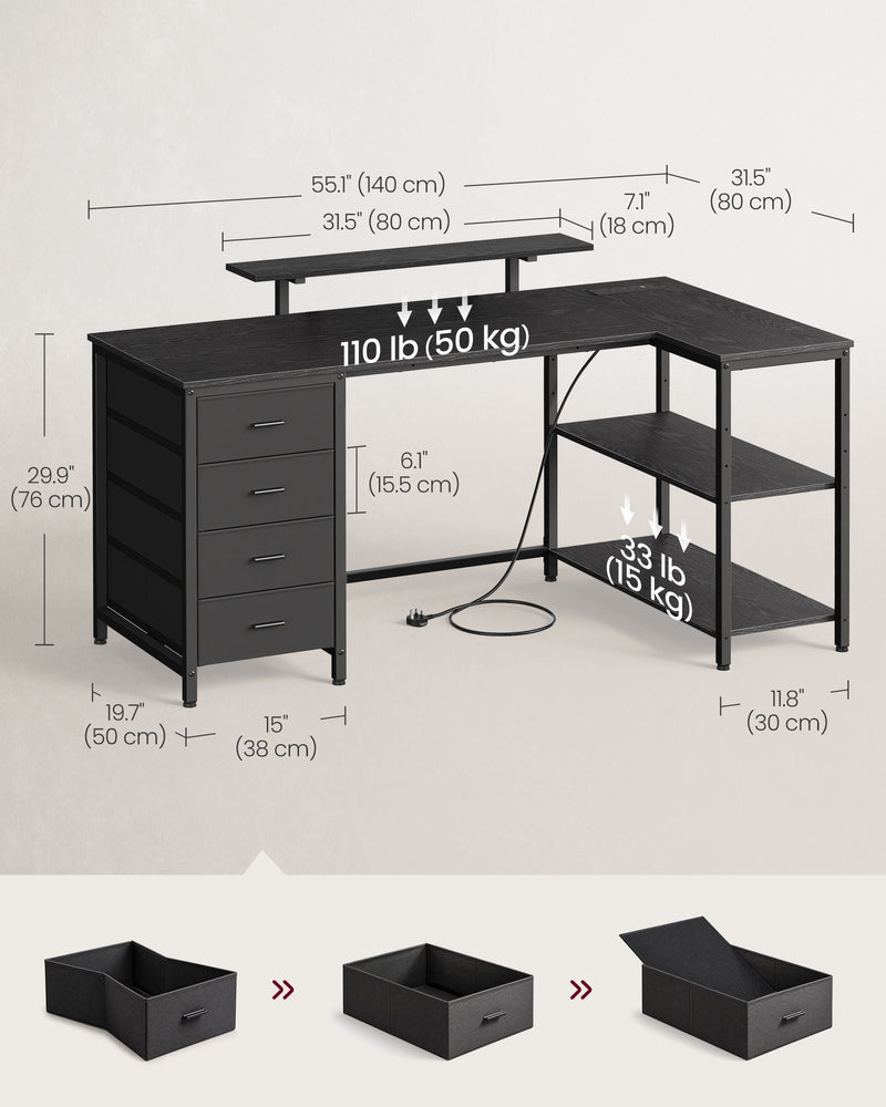 Dimension diagram showing the desk's 140 x 80 cm main worktop, 76 cm height and drawer unit measurements