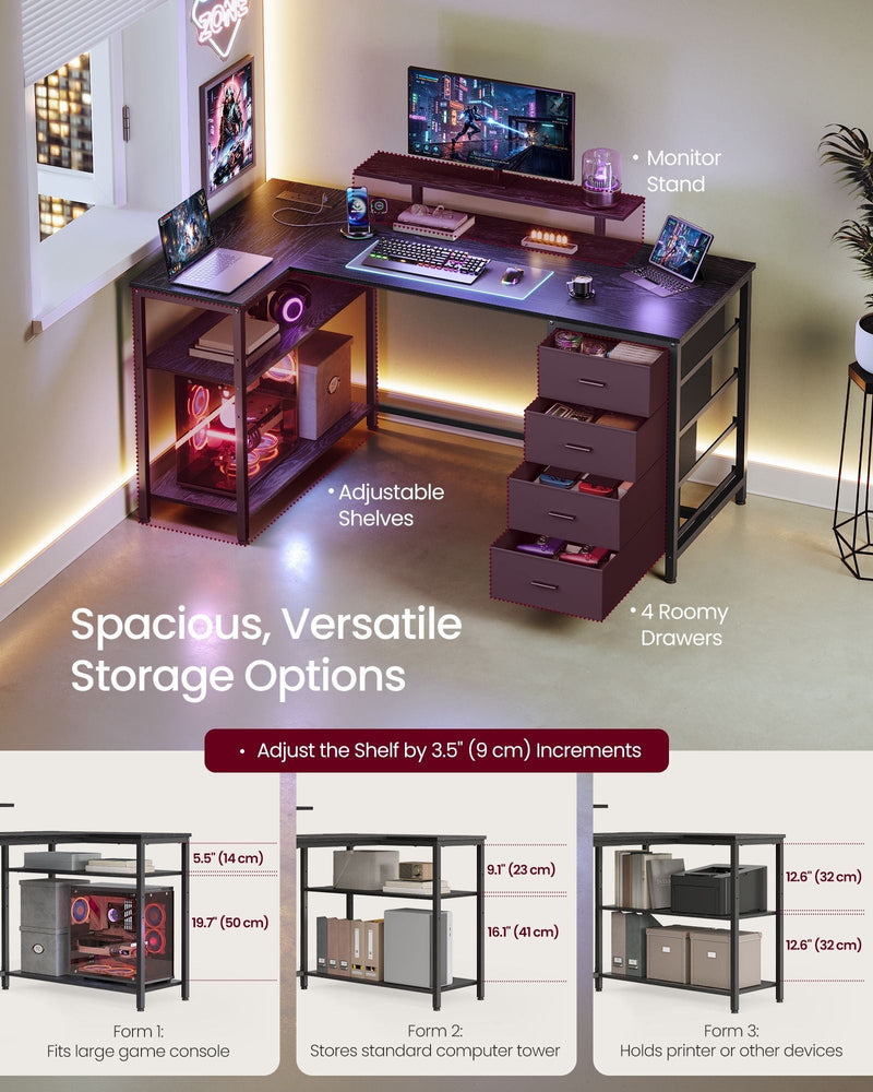 Diagram showing the desk's adjustable return shelves and four roomy drawers for console, tower or printer storage