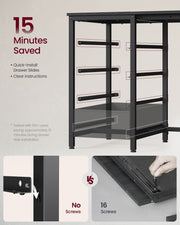 Diagram showing the desk's quick-install, screw-free drawer slide rails compared with a 16-screw assembly