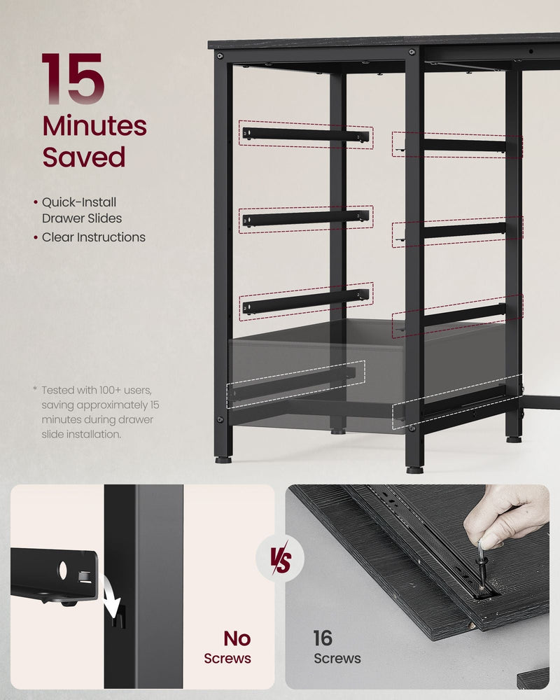 Diagram showing the desk's quick-install, screw-free drawer slide rails compared with a 16-screw assembly