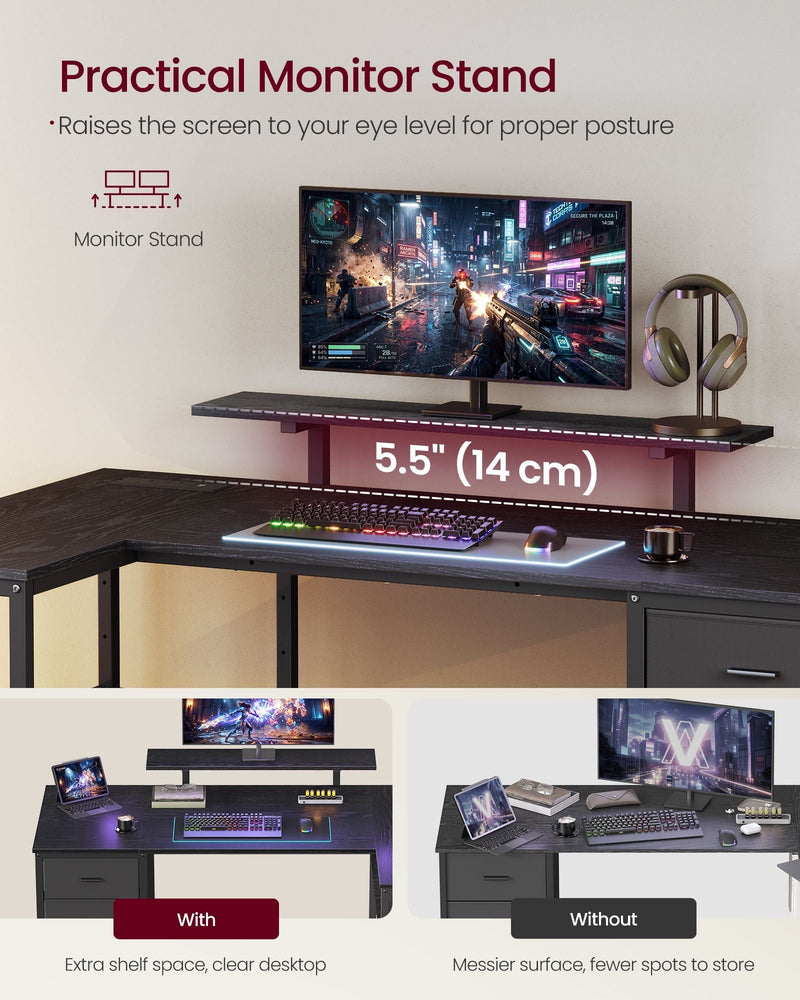 Comparison image showing the desk with and without its raised monitor stand in use