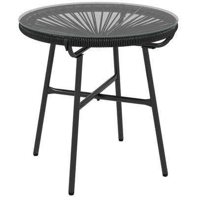 Black Rattan Side Table Round Outdoor Coffee Table With Tempered Glass Top by Outsunny