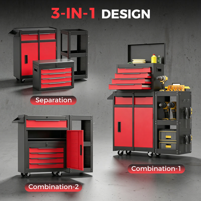 Rolling Tool Chest With Lockable Drawers and Slim Design for Small Garages Black Red