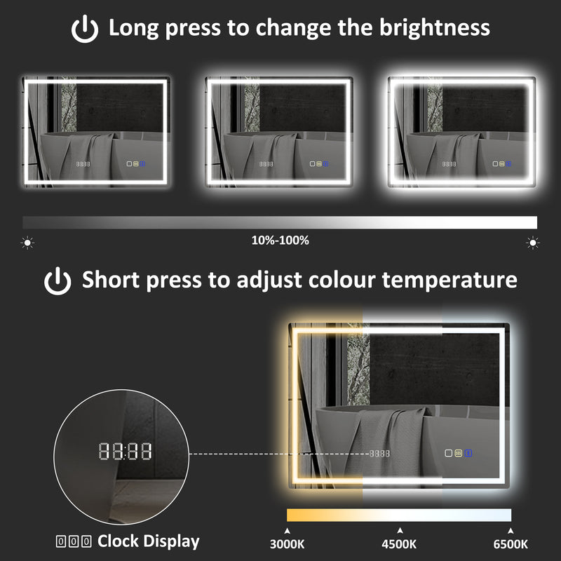 Silver LED Bathroom Mirror with Bluetooth Anti-Fog Function and Clock 60 x 80 cm