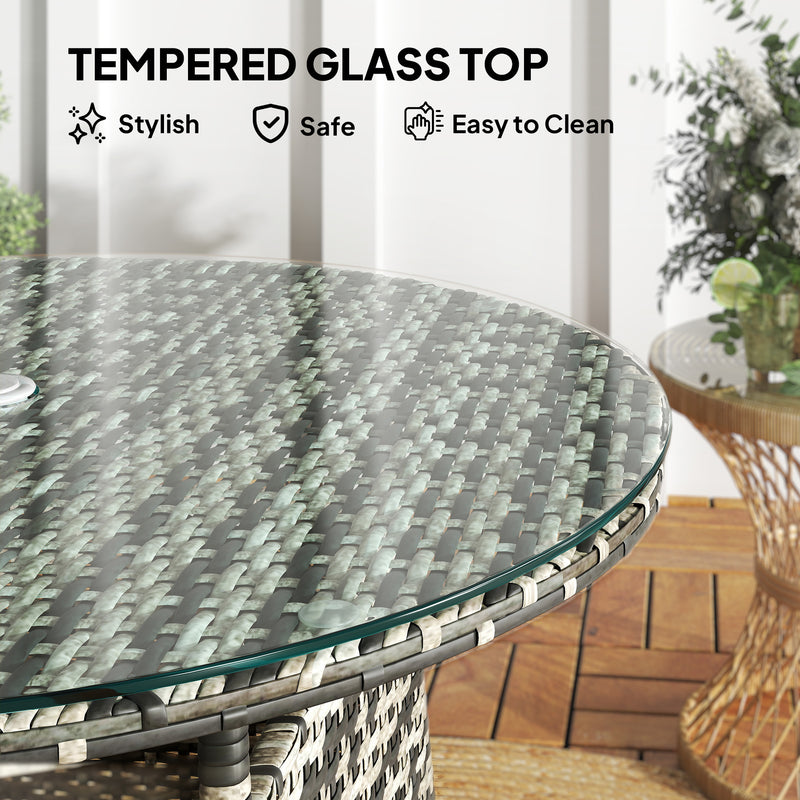 Grey Rattan Garden Coffee Table with Tempered Glass Top and Umbrella Hole by Outsunny