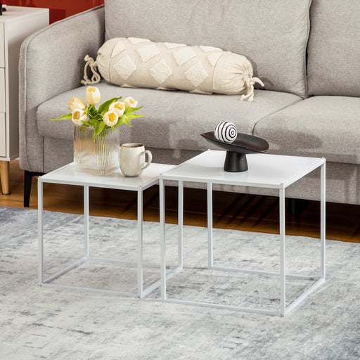 White Modern Nesting Coffee Tables Set of 2 with Steel Frame for Living Room