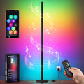 Vasagle RGB floor lamp lit in rainbow colours next to its remote control and phone app