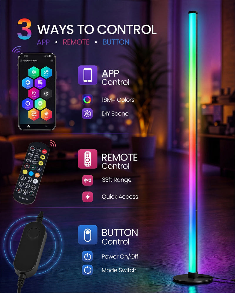 Close-up of the app, remote and touch button controls for the RGB floor lamp