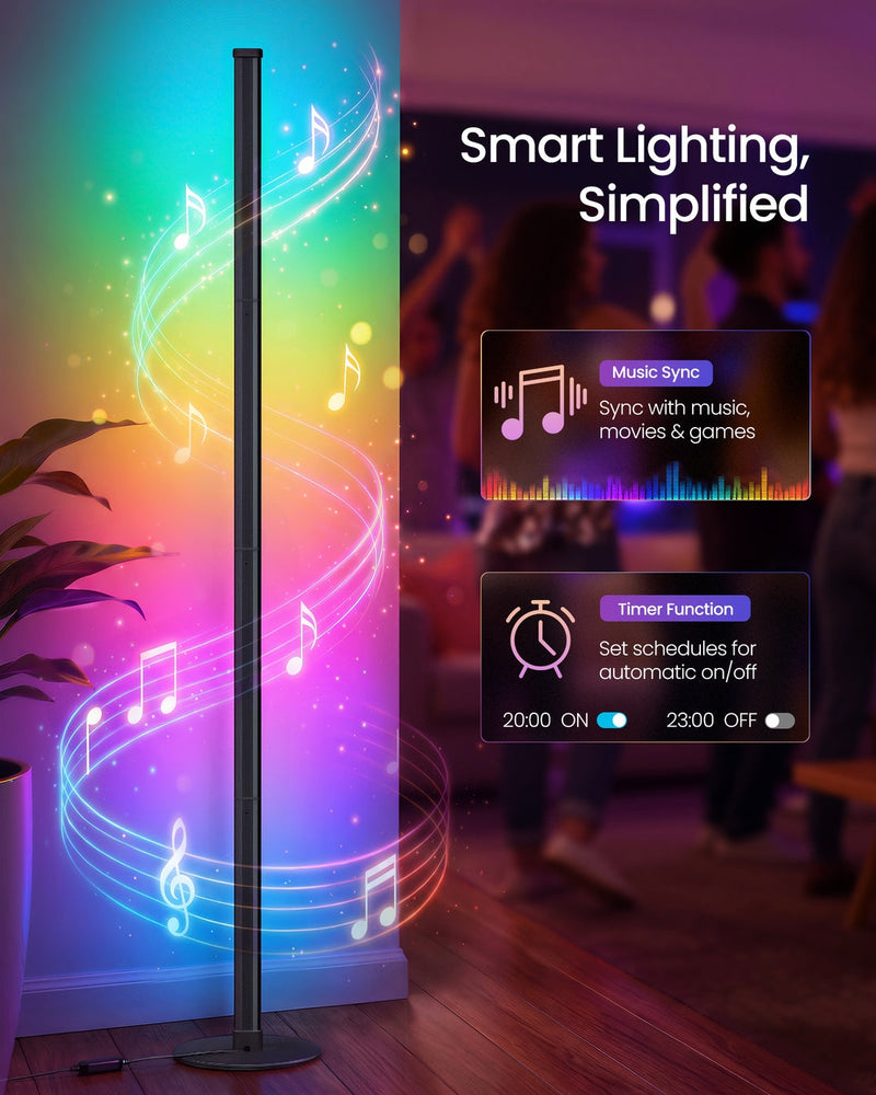 Vasagle RGB floor lamp glowing beside people at a party, syncing colour with music