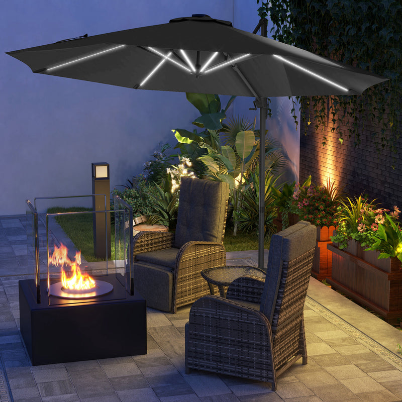 Dark Grey 3m Cantilever Garden Parasol With Base And Solar LED Lights For Shade