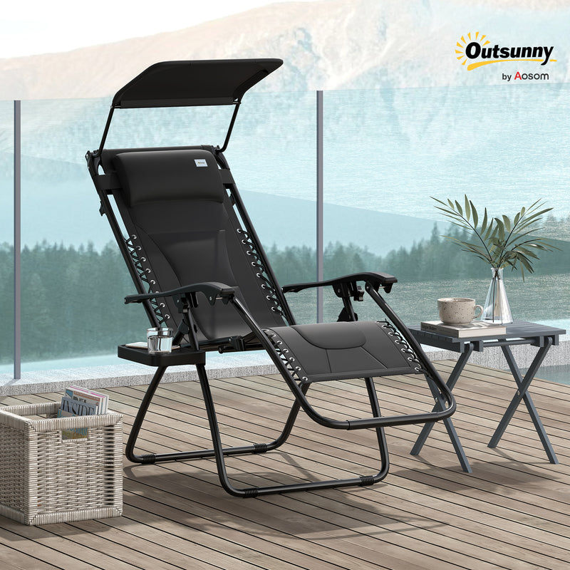 Black Zero Gravity Reclining Outdoor Chair with Shade Cup Holder and Cushion by Outsunny