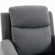 Close-up of the dark grey recliner padded headrest and backrest cushion