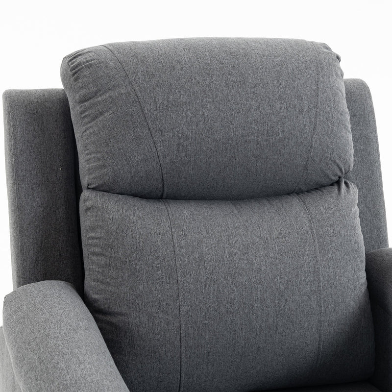 Close-up of the dark grey recliner padded headrest and backrest cushion