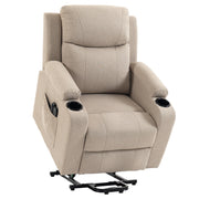 Beige linen-look riser recliner chair with cup holders, shown raised on its lift base on a white background