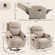 Dimensions diagram for the beige riser recliner showing reclined, lifted and upright sizes