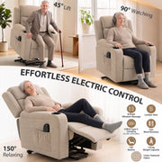 Beige riser recliner shown lifting a user to stand, sitting upright and fully reclined
