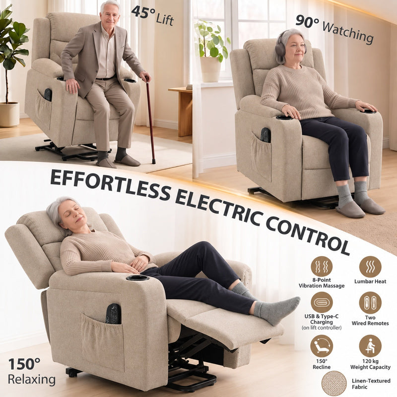 Beige riser recliner shown lifting a user to stand, sitting upright and fully reclined