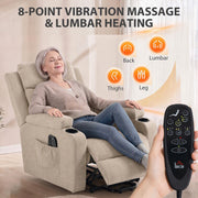 Woman relaxing in the beige riser recliner with 8-point massage zones and the remote control
