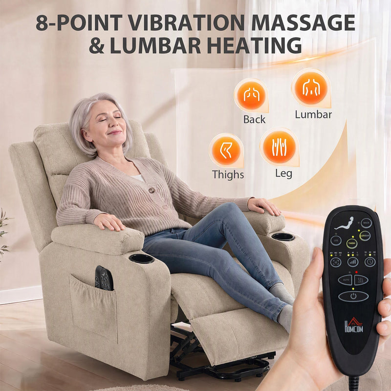 Woman relaxing in the beige riser recliner with 8-point massage zones and the remote control