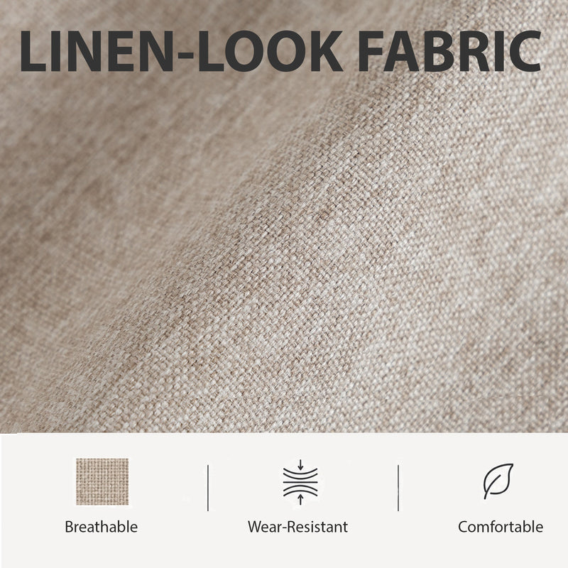 Close-up of the beige linen-look fabric with breathable and wear-resistant icons