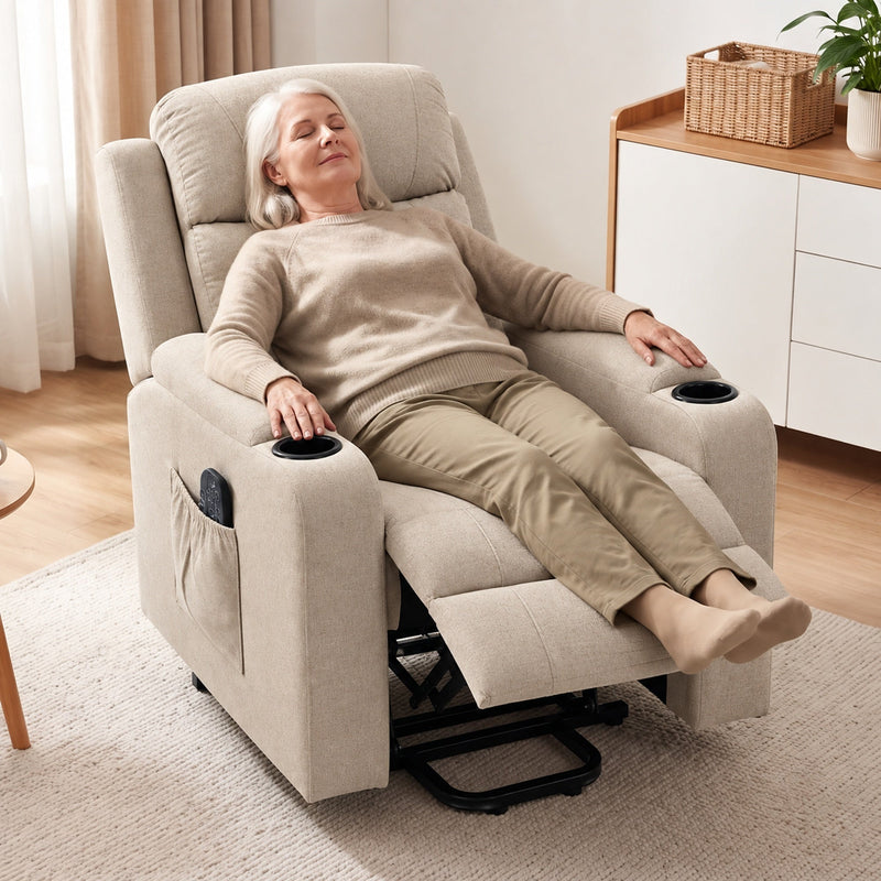Woman resting in the beige riser recliner with the footrest raised