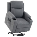 Dark grey linen-look riser recliner chair with cup holders, shown raised on its lift base on a white background