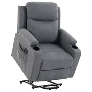 Dark grey linen-look riser recliner chair with cup holders, shown raised on its lift base on a white background